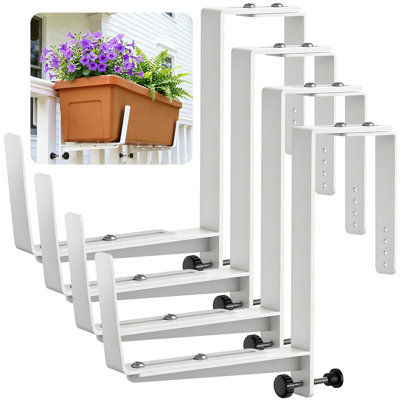 Window Box Brackets, Adjustable Planter Box Brackets, Heavy Duty Iron Flower Box Brackets for Railings, with Enhanced Bottom Support -  for Balconies, Fences, and Gardens (White, 4 Pack)
