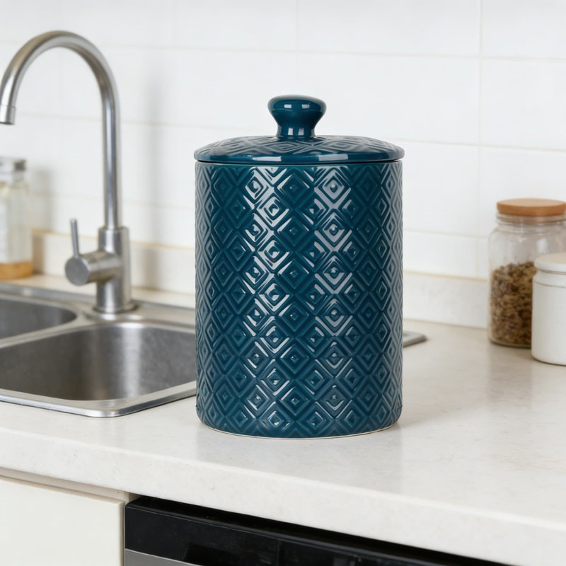 Ensemble de pots de cuisine en céramique avec losanges en relief et couvercles hermétiques pour le rangement sur le comptoir