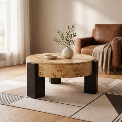 Table basse 33 po ronde avec rangement en ronce de bois, table basse moderne à compartiments cachés, table d'appoint centrale robuste à 3 pieds pour le salon, petit espace, ronce naturelle et noir