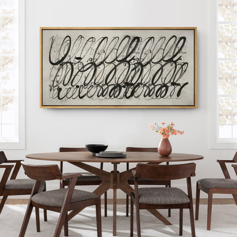 Calligraphie abstraite noire, reproduction sur toile, H 30 po x l 60 po, Naturel