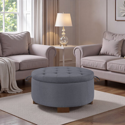 Round Storage Ottoman with Reversible Lid - Boucle Fabric Upholstered Footstool, Hidden Storage Compartment, Wooden Legs, Dual-Purpose Seat & Side Table for Living Room, Bedroom