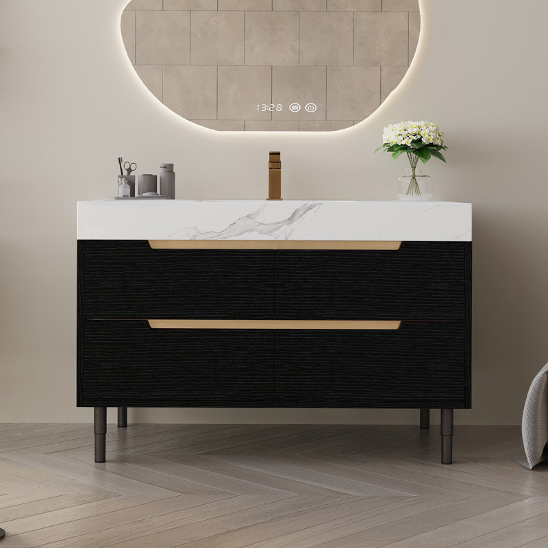  Meuble-lavabo autoportant 35,4 po avec lavabo simple, plateau en marbre blanc et poignées dorées, noir et blanc