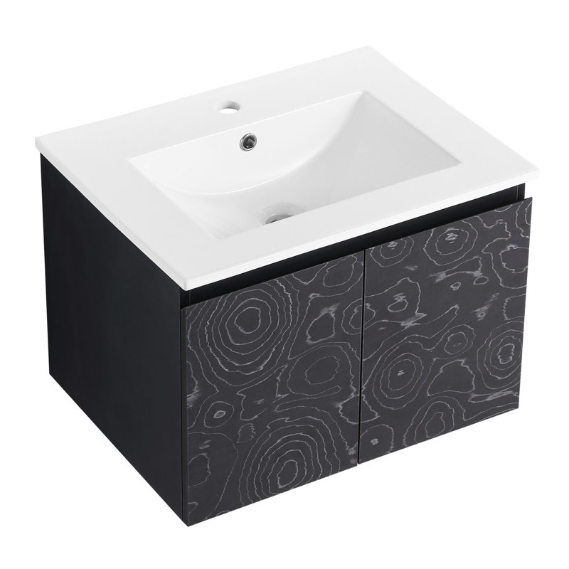Meuble-lavabo mural 24 po. Armoire en contreplaqué noir avec cuve en céramique et fonction de fermeture en douceur. Porte de lavabo en céramique de style moderne - style