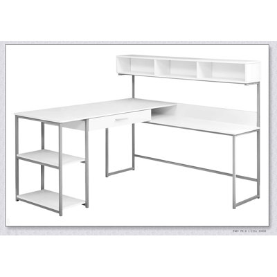 Bureau d'angle en L avec plusieurs options de rangement et conception moderne, idéal pour les espaces de travail et d'étude efficaces