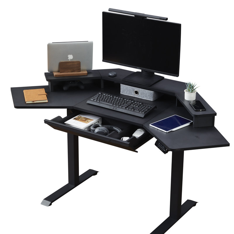 Adjustable Corner Standing Desk with Drawer, Monitor Stand, USB Hub, Wireless Charger for Home Office, Black, Black