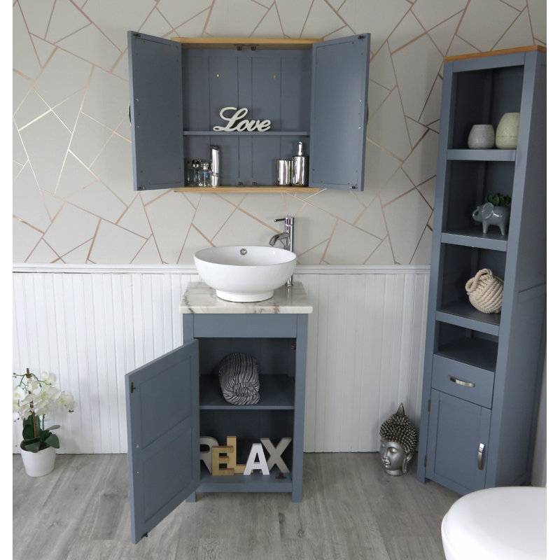 Slimline Compact 515mm Free-standing Cloakroom Vanity Unit, White Marble, Grey
