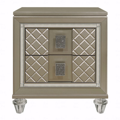 Glamorous Champagne Finish 1Pc Bedroom Nightstand Of 2-Drawers Acrylic Feet Bedside Nightstand Table Luxury Beveled Mirror Trim