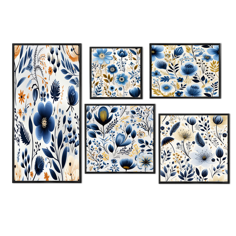 Lalie - Ensemble de 5 impressions murales florales, Cadre flottant noir