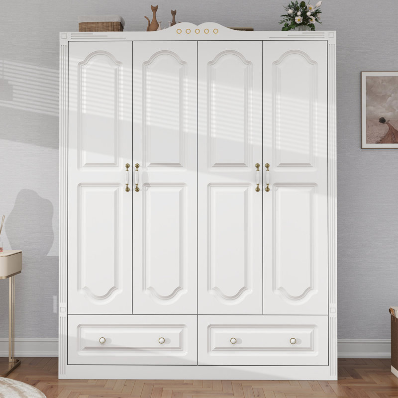 Armoire-penderie en bois à 4 portes avec tringle et 2 tiroirs