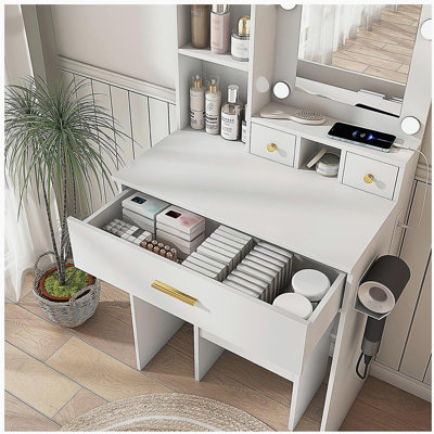 Table de coiffeuse avec miroir et lumières DEL réglables, prise de courant, support pour séchoir à cheveux et tabouret - coiffeuse compacte pour petites chambres à coucher (blanc)