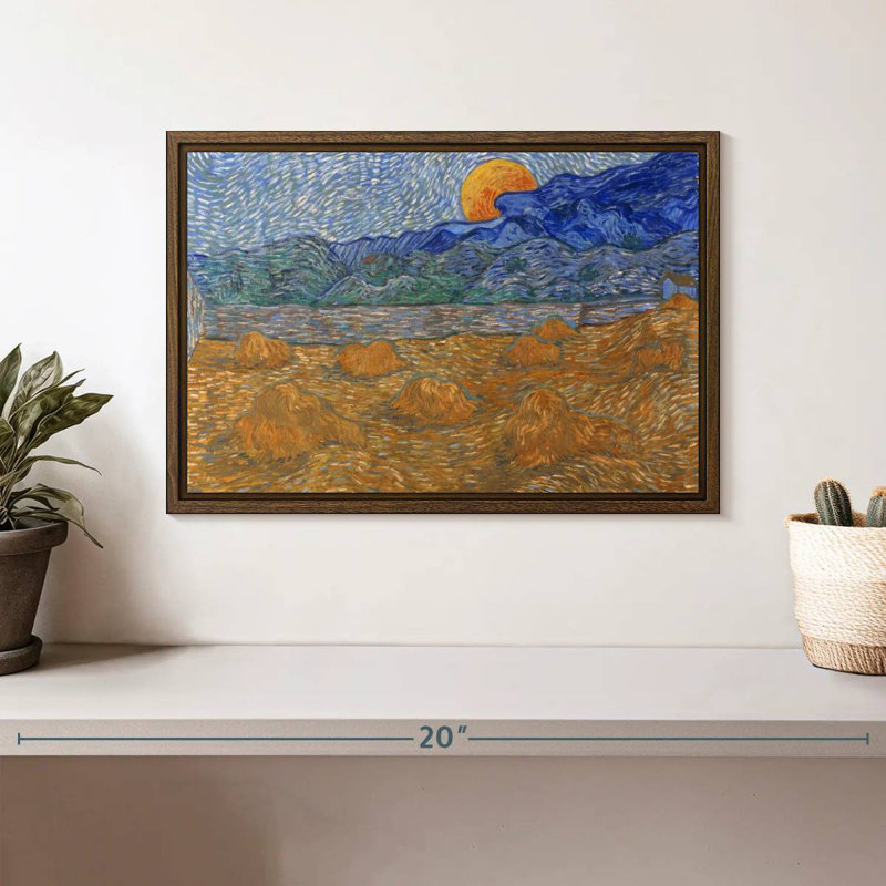 Gerbes de blé et lune montante, 13 po x 9 po, Cadre flottant noyer