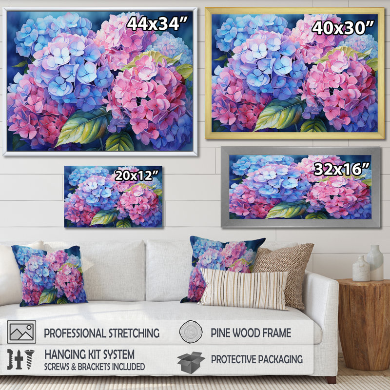 Hortensia rose et mauve coucher de soleil I - impression, Toile tendue, H 34 po x l 44 po x P 1,5 po