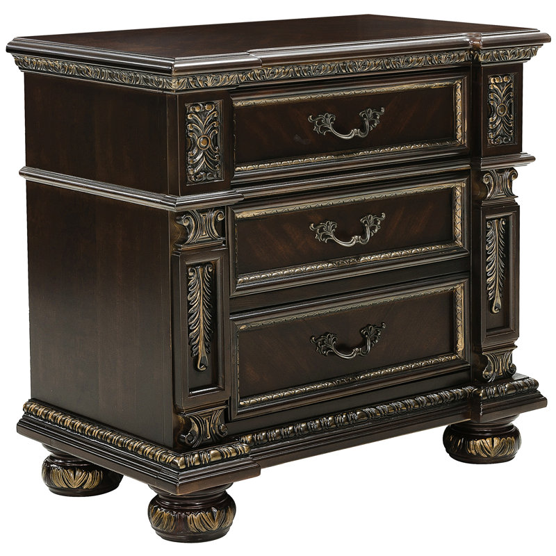 Table de chevet 3 cerises foncées avec des reflets dorés pour une chambre à coucher attrayante 3 tiroirs et des reflets classiques