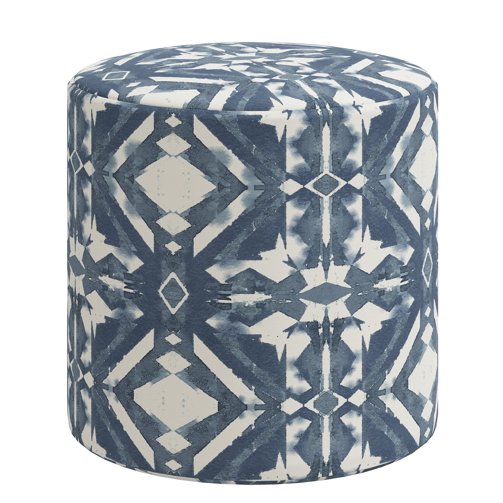 Epaulette Upholstered Ottoman, Asha Blue Ikat