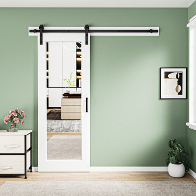 White Primed Glass Mirrored And Solid Wood With Installation Hardware Kit Barn Door(No Assembly Required)