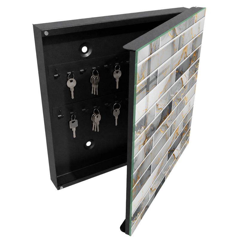 Wall mounted key box, Opens to the right, 30x30x5, White, Elegant marble with veins in shades of gray, 