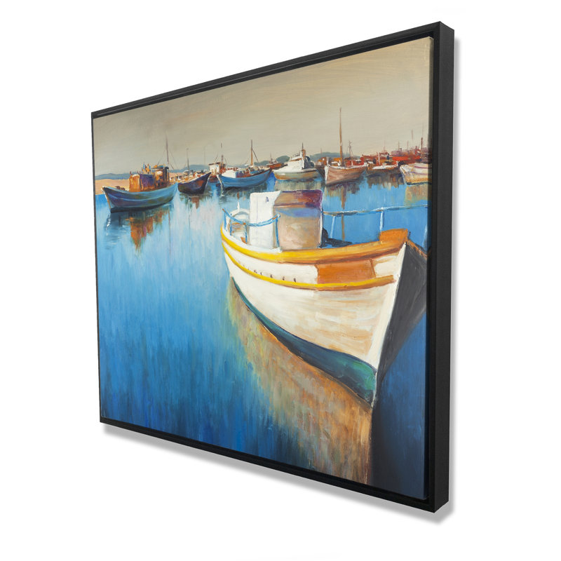 Bateau de pêche à la marina - décor encadré orange côtier, H 49,25 po x l 61,25 po
