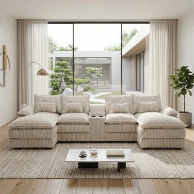 125" Oversized U-Shaped Modular Sectional Sofa with Center Console Coffee Table, USB Ports & 4 Toss Pillows for Living Room Apartment, Beige