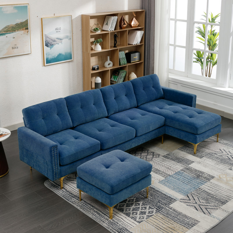 Canapé modulaire convertible en L 110 po avec repose-pieds mobile pour salon, appartement, bureau, bleu