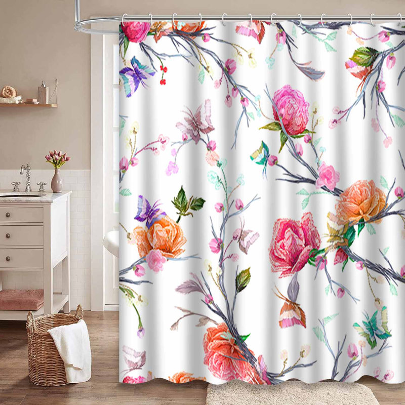Rideau de douche imperméable à motif floral avec 12 crochets, L 72 po x l 78 po