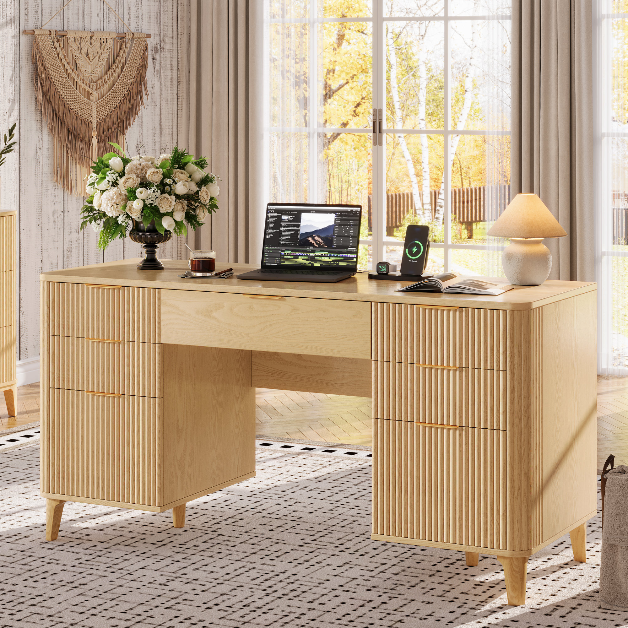 Mercer41 55.1" Fluted Executive Desk With Drawers, Home Office Desk With Charging Station & Reviews | Wayfair