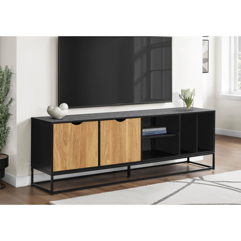 Meuble télé noir 72 po avec console en métal pour salon multimédia moderne et central