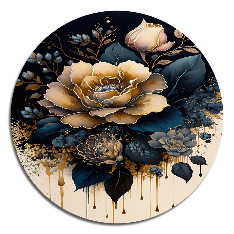 Bleu marine et rose doré I - Art floral rond en métal, H 16 po x l 16 po