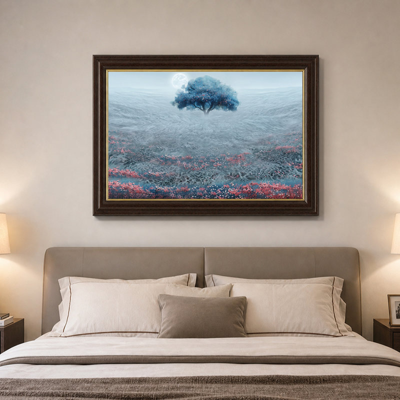 Arbre bleu et fleurs roses sur fond clair de lune, art mural sur toile, 16"H x 24"W