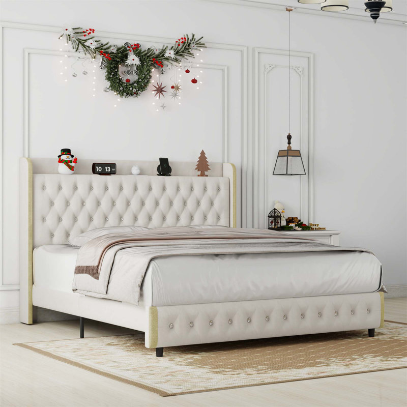 Wingback Upholstered Platform Bed Frame With Galaxy Projector, Diamond Button Headbaord, USB Charger, Music Speaker, Cream