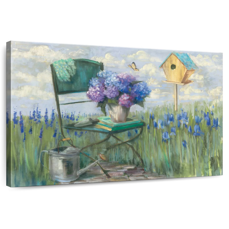 Chaise Senne verte avec hortensia, H 34 po x l 51 po