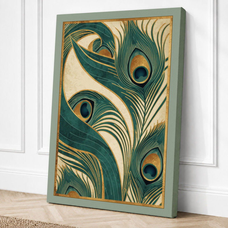 Peacock Feather Study Art Deco - Wrapped Canvas, 36x24 - 91.4 x 61.0 cm, Sage Border