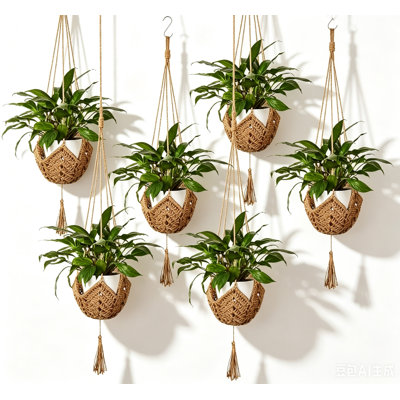 Ensemble de 6 suspensions pour plantes en macramé, paniers suspendus en jute tressé en forme de fleur de 101,6 cm (40 pouces) avec 2 types de crochets en S, supports pour plantes de style bohème, plantes non incluses, pour décoration intérieure et extérieure (murs et plafonds), kaki