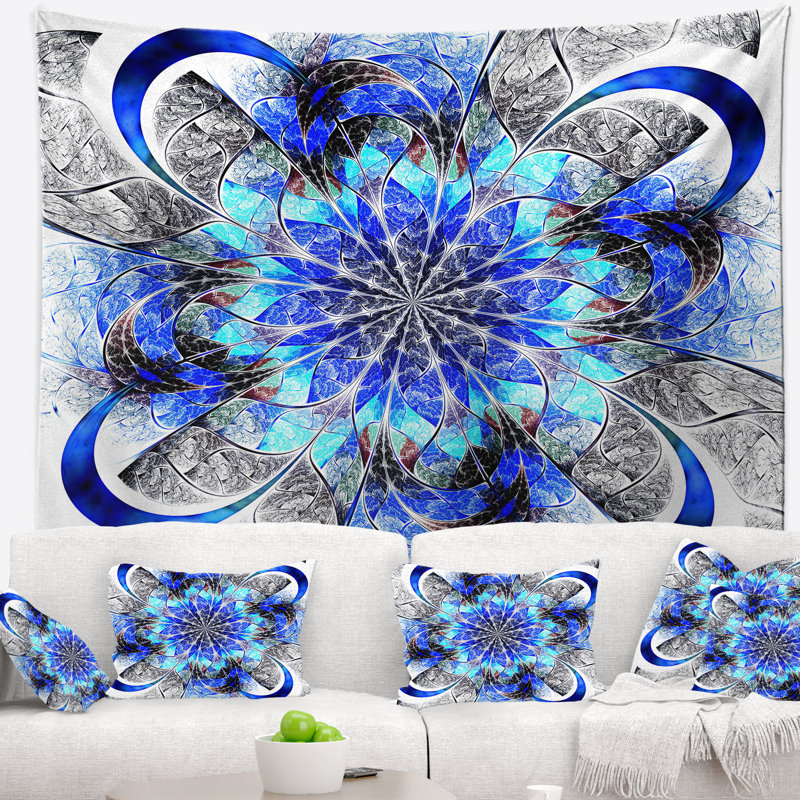 Tapisserie fleur abstraite à fleur de bleu symétrique, H 68 po x l 80 po