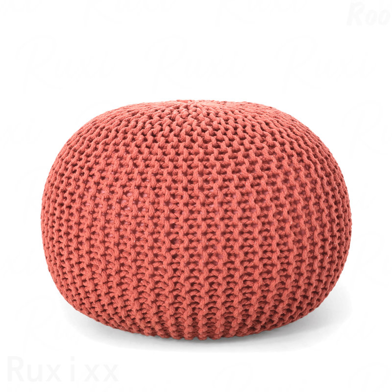 Cotton Upholstered Round Pouf Ottoman, Coral