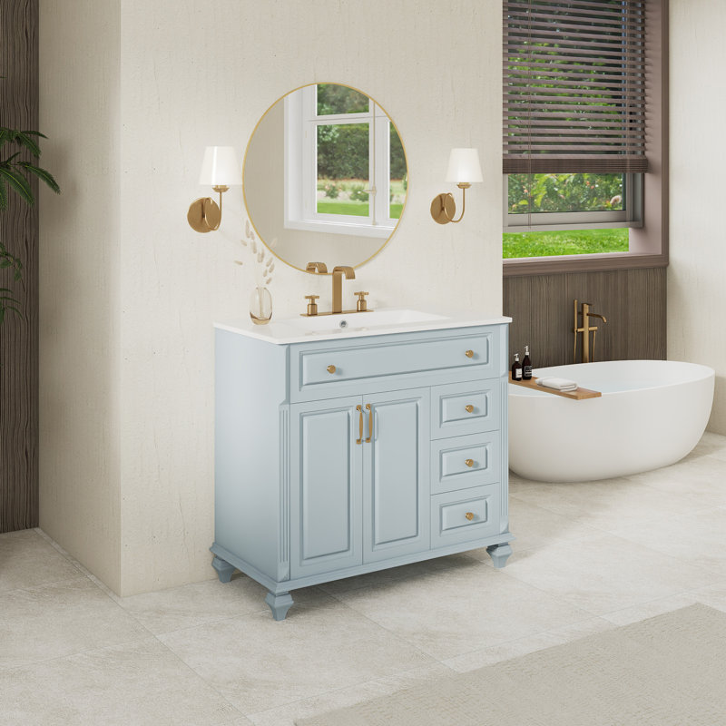 36'' Freestanding Single Sink Bathroom Vanity With Ceramic Top, Blue, Gold