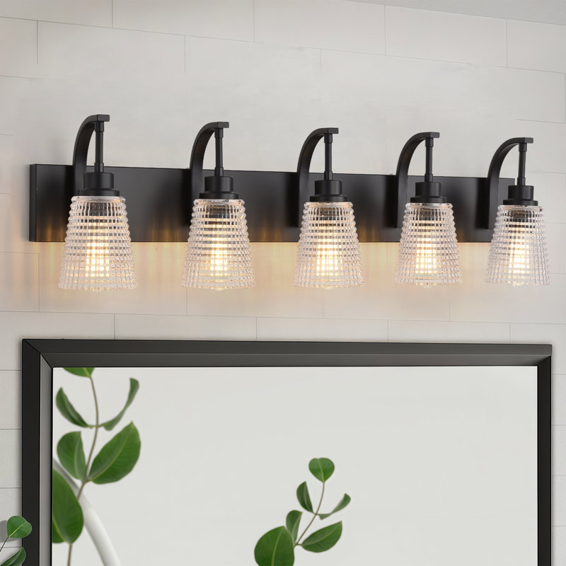 5-Light Bathroom Light Fixtures, 20" Farmhouse Black Vanity Lights For Bathroom With Ribbed Glass Shade,Vintage Bathroom Vanity Lighting Fixtures Over Mirror For Bedroom Living Room Hallway