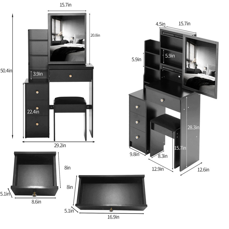 Compact Left-Sided Bedside Vanity Set With Cushioned Stool, Extra-Large Sliding Mirror, Multi-Layer Storage, And High-Capacity Design (EPA, GCC, UL Certified)