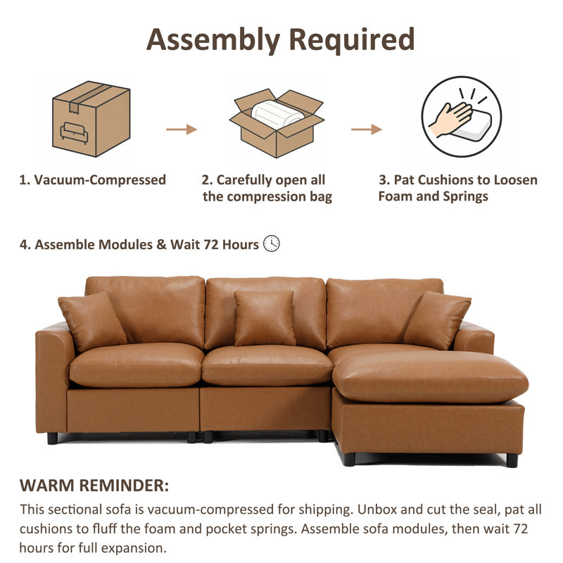 Canapé modulaire convertible en L en similicuir de 100 po à accoudoirs carrés pour salon avec repose-pieds, Brown