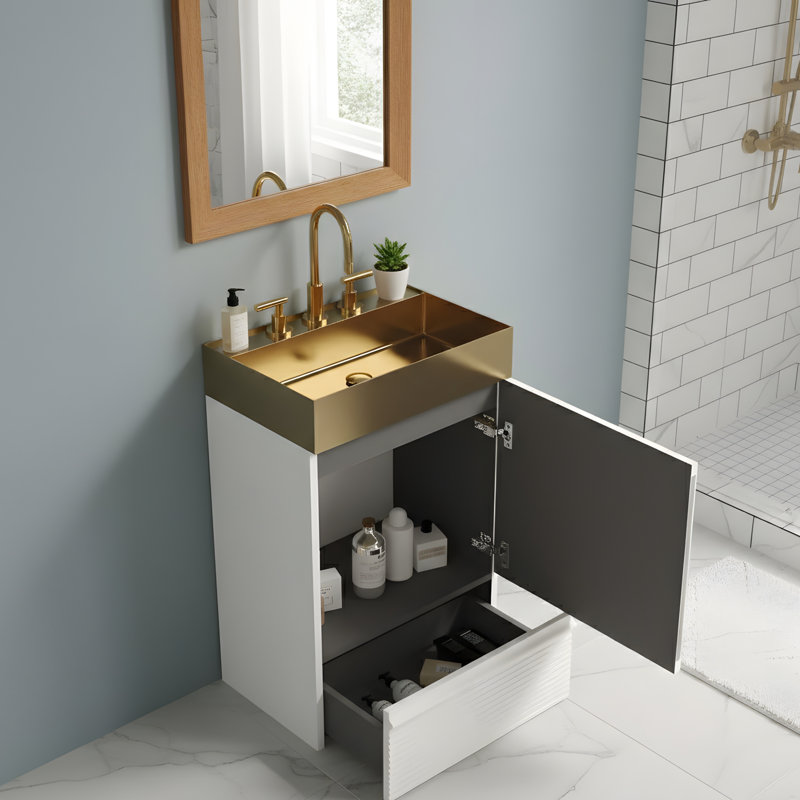 Meuble-lavabo autoportant en métal doré, Doré, Blanc mat