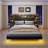 Floating Queen Bed Frame With LED Light And Bookcase