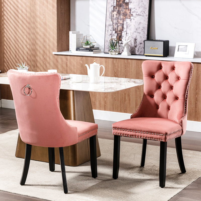 Chaise de salle à manger avec housse en velours rose et pieds en bois, 2 chaises hautes, 2, coussin en mousse confortable et structure stable