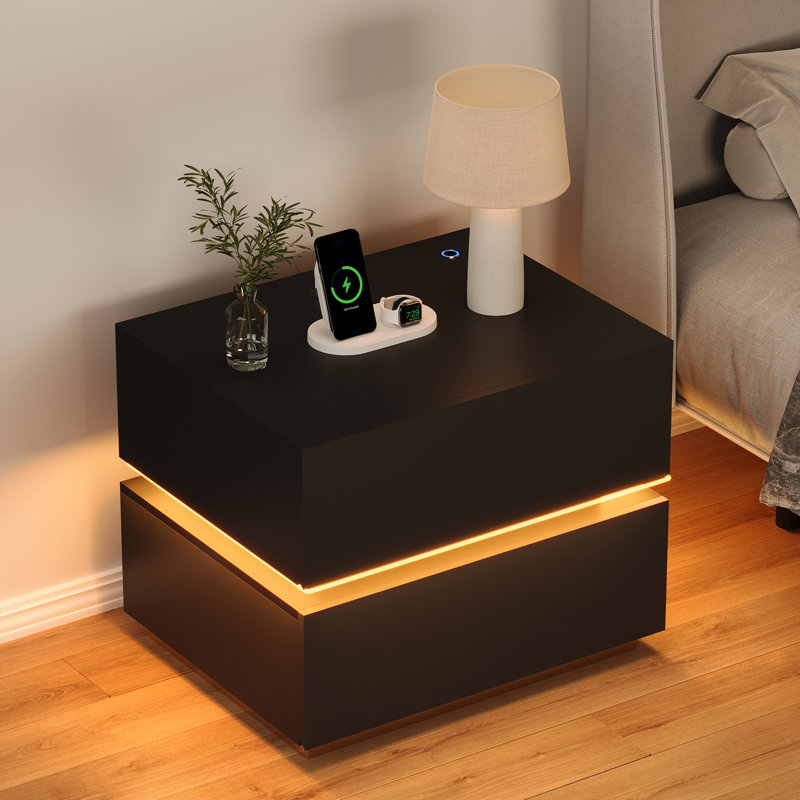 Modern Bedside Table With Wireless Charging USB Port And LED Light, Black