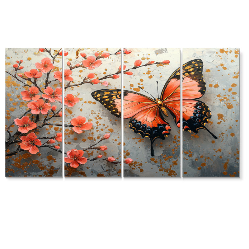 «Cherry Blossom Redd Butterfly on Branch», ensemble de reproductions d'art mural cerisier en fleurs, H 32 po x l 64 po
