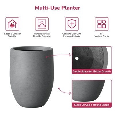 Jardinière en béton courbé gris moyen de 22 po de hauteur, finition mate avec bouchon de drain, jardinière moderne pour l'intérieur et l'extérieur