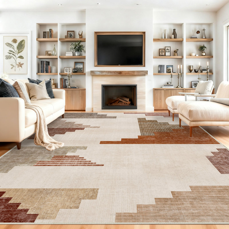 Washable Area Rug Orange & Brown Modern Soft Accent Rug Low Pile Distressed Floor Carpet for Living Room Bedroom Kitchen Dining