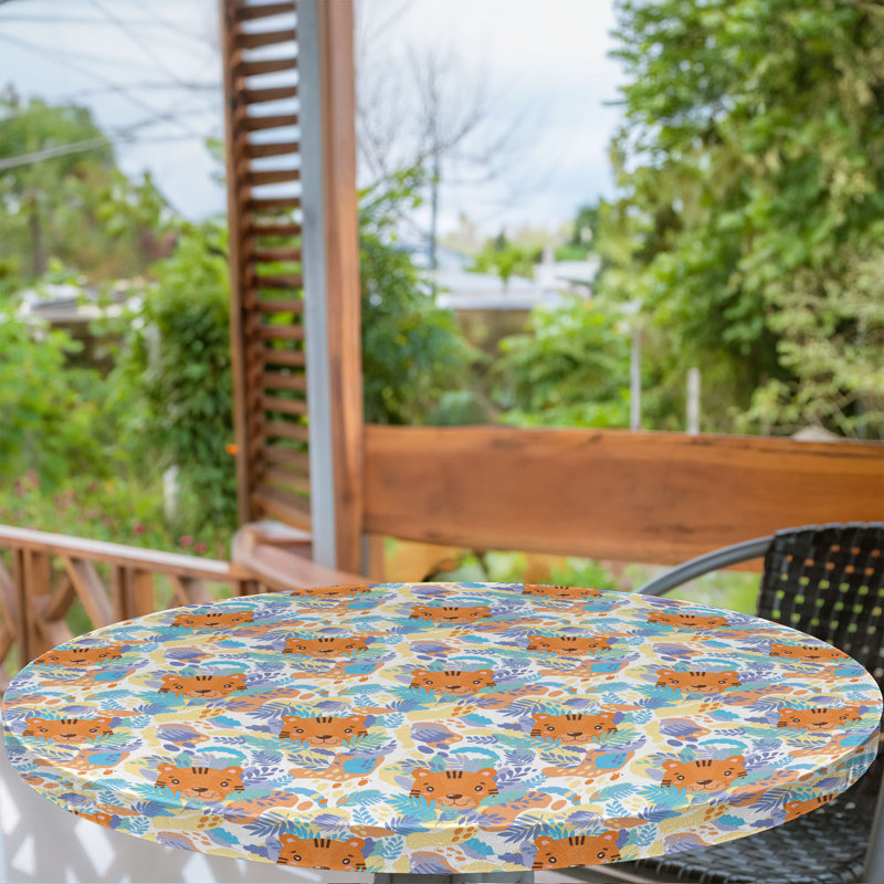 East Urban Home Cartoon Fitted Round Tablecloth Diameter Dark Orange Multicolor, 51.97" Round