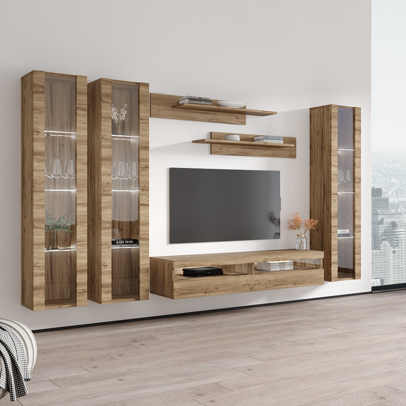 120" Modern Floating Wall Mounted Entertainment Center with 16-Color LED Lighting, High Gloss Finish, Oak
