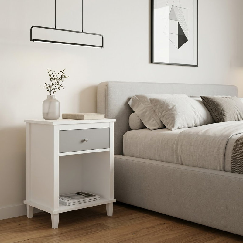 Table de chevet moderne avec tiroir et tablette ouverte, Blanc / Gris