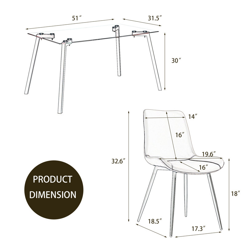Keyala Glass Top Four Leg Dining Set, Black, 30" H x 51" L x 31.5" W, 5