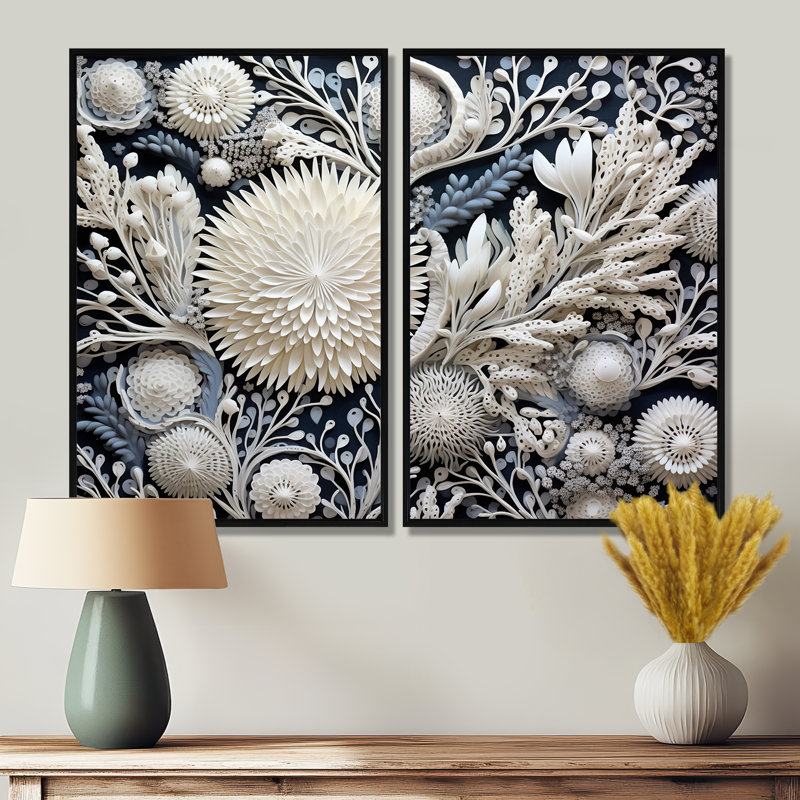 Fleurs de corail gris - impressions sur toile grises, Noir, H 36 po x l 48 po, Reproduction encadrée sans passe-partout